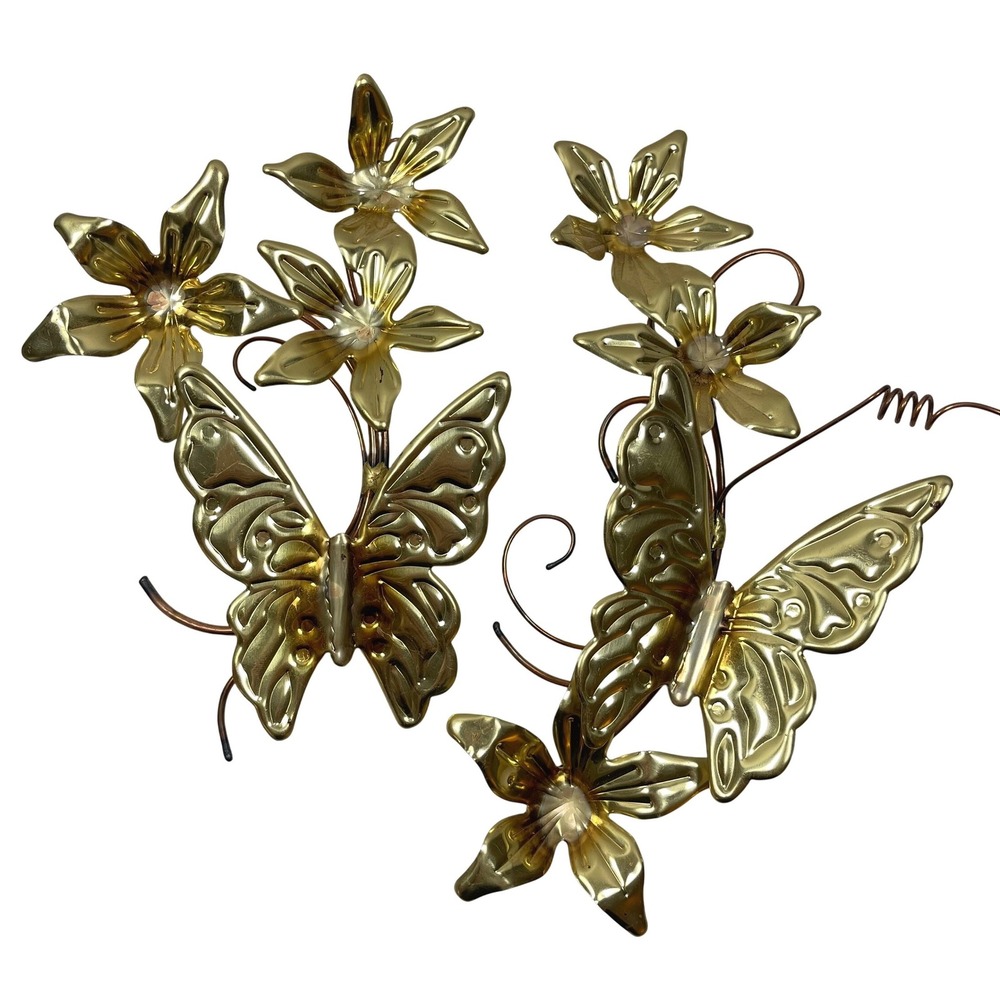 Vintage Brass‎ Butterfly Flower Wall Hanging Art Gold Metal Mid Century 70s Boho